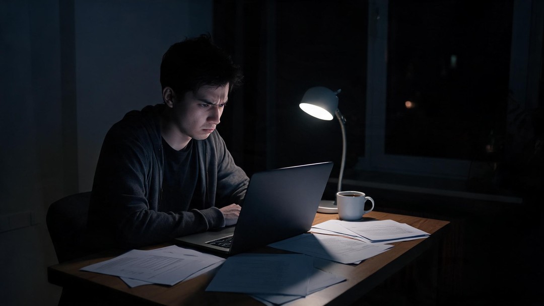 深夜对着电脑和打印报告的年轻人